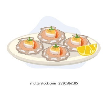 Vieira de rey con cáscara con salsa picante de limón de mantequilla sobre plato. ilustración de la caricatura de vecrtor