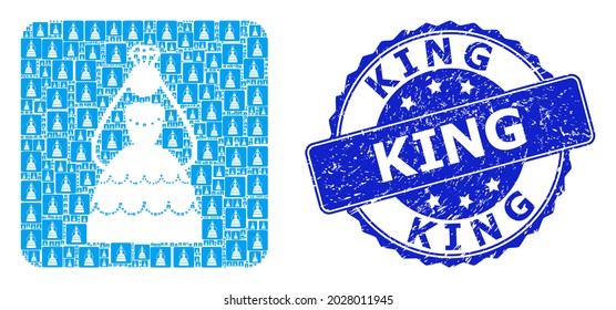 King scratched round seal and vector recursive collage crowned bride. Blue seal contains King title inside round shape. Vector collage is constructed with repeating crowned bride items.