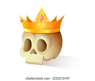 King scull wearing golden treasure crown with gems, dead royal skeleton icon for gaming or fairytale storytelling for kids. Vector isolated clipart.