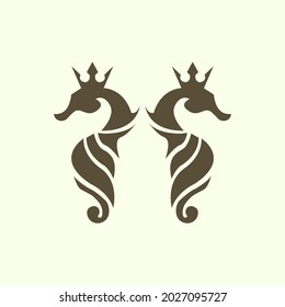 King Sea Horse Logo, Beautiful Tribal Tattoo, Crown And Two Seahorses Icon Illustration, Isolated On White Background, Design Icon Vector Illustration