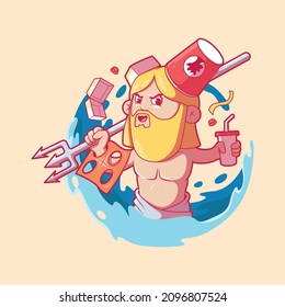 King of the Seas Poseidon covered in plastic vector illustration. Pollution, environment, recycle design concept.