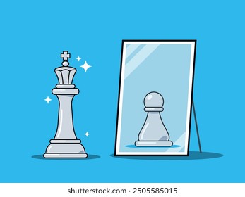 A king sees a pawn in the mirror. Isolated vector illustration.