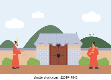 King Sejong is contemplating in front of a traditional Asian building. flat design style vector illustration. Translation: Hangul and Korean Alphabet