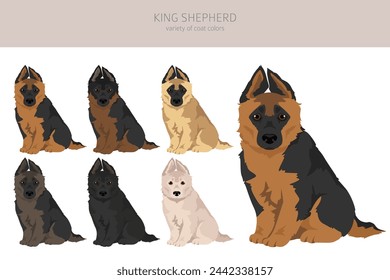 König Schäferhund. Abwechslung von deutschem Schäferhund. Clipart. Verschiedene Fellfarben gesetzt.  Vektorgrafik