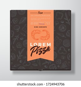 King Shrimps Frozen Pizza Realistic Cardboard Box. Abstract Vector Packaging Design or Label. Modern Typography, Sketch Seamless Food Pattern. Black Paper Background Layout. Isolated.