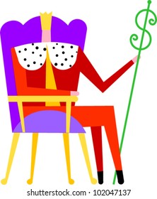 A king sits on his throne holding a scepter in the shape of a dollar sign