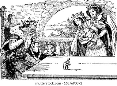 The king sitting on chair and the queen holding baby, both looking at little man with sword standing on table, vintage line drawing or engraving illustration