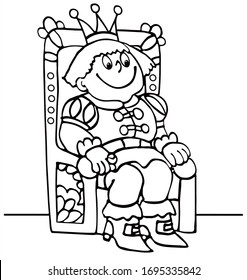 King is sitting on his chair with a crown on his head. Black and white vector for card or gift, for coloring.