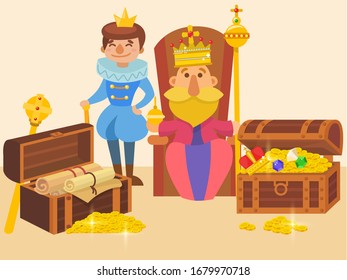 King sitting on throne and his son in crowns, with wealth riches vector illustration. Father king holds scepter and globus cruciger, prince smiles. Scrolls, chests with gold coins.