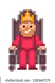 King sitting on a throne in a red costume and a golden crown, pixel art character isolated on white background. Old school retro 80s; 90s slot machine/video game graphics. 8 bit emperor logo.