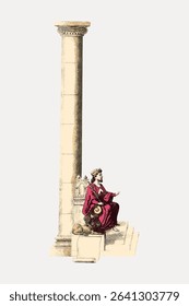 King sitting on throne, vintage illustration, vector element. 