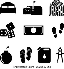 Cama King Size, caja de cartas, huellas dactilares, dados, plantilla de dinero, huellas de zapatos y sandalias, bomba de dibujos animados, Jerry de gas y conjunto de iconos de brújula de dibujos.