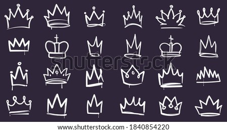 King sketch crown. Hand drawn doodle crowns, white accessories for head on dark background, queen, princess or prince tiara, monarch diadem, royal imperial coronation symbols vector isolated icons set