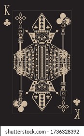 King skull card clubs. Pope with hat and symbols vector, black and white.