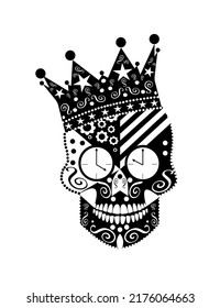 King skull and crown   flowers  eyes clock  black   white color digital art  