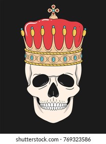 King skull with crown isolated on black Background. Vector illustration for t-shirt and other uses