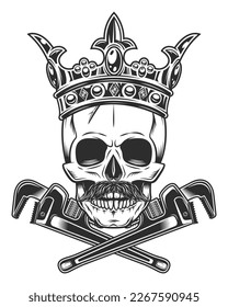 King skull in crown with mustache with construction wrench for gas and builder plumbing pipe or body shop mechanic spanner repair tool in monochrome style isolated vintage vector illustration