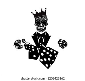 King skull with dices casino background 