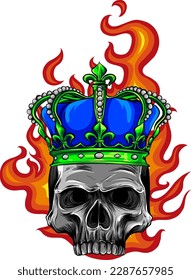 king skull with flames vector illustration design on white background. digital hand draw