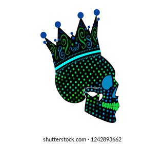 King Skull icon with crown, halftone neon color background green