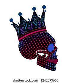 King Skull icon with crown, halftone neon color background pink and purple