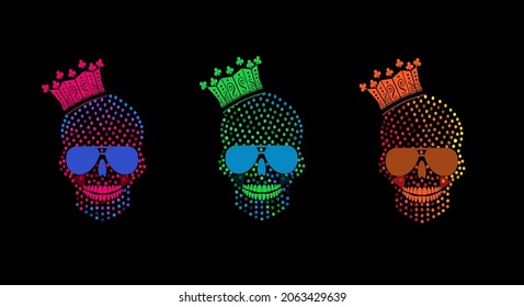 King Skull icons with crown, halftone neon color background