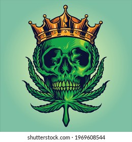 King Skull Mascot Cannabis Leaves Logo Vector illustrations for your work Logo, mascot merchandise t-shirt, stickers and Label designs, poster, greeting cards advertising business company or brands.