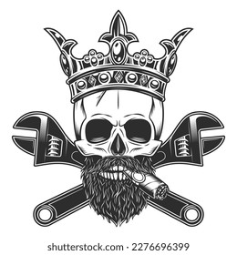 King skull smoking cigar or cigarette with mustache and beard in crown with construction wrench for gas and builder plumbing pipe or body shop mechanic spanner repair tool vintage vector illustration