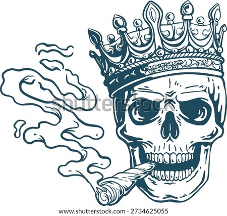 King Skull Smoking Cigar Line Art, Vintage Gothic Vector Illustration