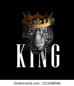 king slogan with black and white tiger face in golden crown vector illustration on black background