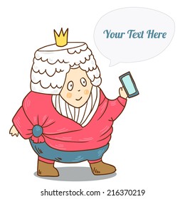 King with smart-phone and white bubble. Isolated Vector Illustration