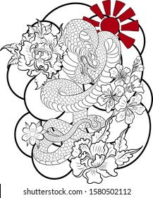 A king snake vector with sunrise and peony flower for tattoo design.Big snake illustration for doodle art or printing on shirt white isolate background.Colorful art of japanese culture tattoo.Cartoon.