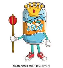 King of soda can cartoon character holding the king stick with funny thinking expression