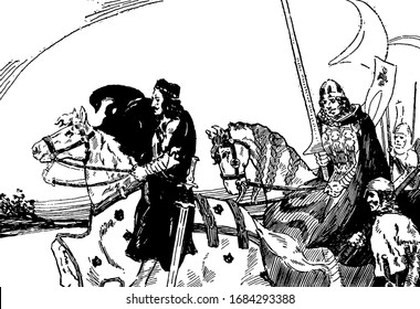 The king and soldiers with swords riding on horses, another soldiers walking with them, vintage line drawing or engraving illustration