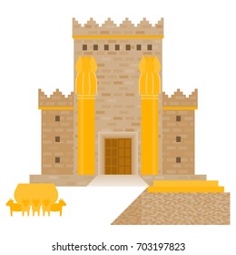 King Solomon's temple (Beit HaMikdash in hebrew name) with large basin call Brazen Sea and  bronze altar, flat design vector illustration