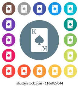 King of spades card flat white icons on round color backgrounds. 17 background color variations are included.