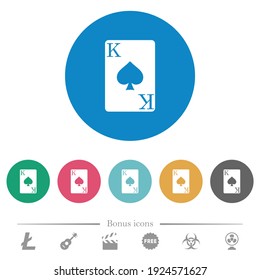 King of spades card flat white icons on round color backgrounds. 6 bonus icons included.