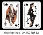 King of Spades and Queen of Spades, original playing card design on black background. Vector illustration