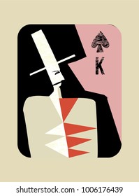 king of spades. Stylized Vector Vintage style playing card . painted card with big hat
