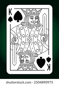 King Spades suit playing card, vintage classic design, isolated on white, editable vector stroke line.