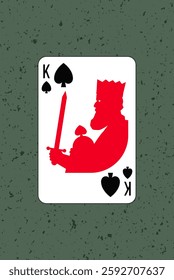 King, Spades suit. Poker gambling playing printable card. Vector illustration. Cartoon character silhouette. A man with a beard, a crown and a sword. Design number 2.