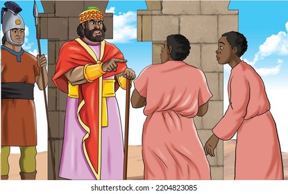 The king stands with two slaves in front of him