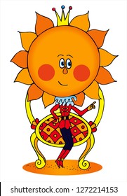 King sun is sitting in his throne and giving orders. Colored vector for card or gift. 