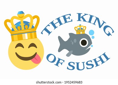 el rey del texto sushi y la cara encantada con corona y pescado sobre fondo blanco, ilustración vectorial