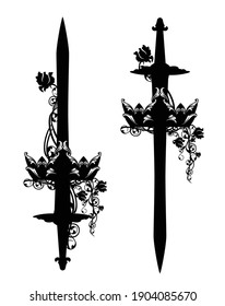 king sword with royal crown and rose flower black and white vector medieval style heraldry silhouette design