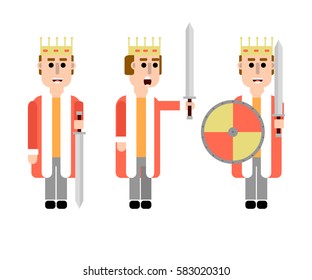 King with sword, shield and crown isolated on white vector flat illustration.