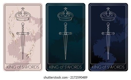 King of Swords. A card of Minor arcana one line drawing tarot cards. Tarot deck. Vector linear hand drawn illustration with occult, mystical and esoteric symbols. 3 colors.Proposional to 2,75x4,75 in.