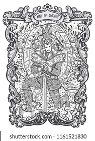 King of swords. Minor Arcana tarot card. The Magic Gate deck. Fantasy engraved vector illustration with occult mysterious symbols and esoteric concept