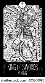 King of swords. Viking. Minor Arcana Tarot card. Fantasy line art illustration. Engraved vector drawing. See all collection in my portfolio set