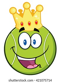 King Tennis Ball Cartoon Character With A Golden Crown. Vector Illustration Isolated On White